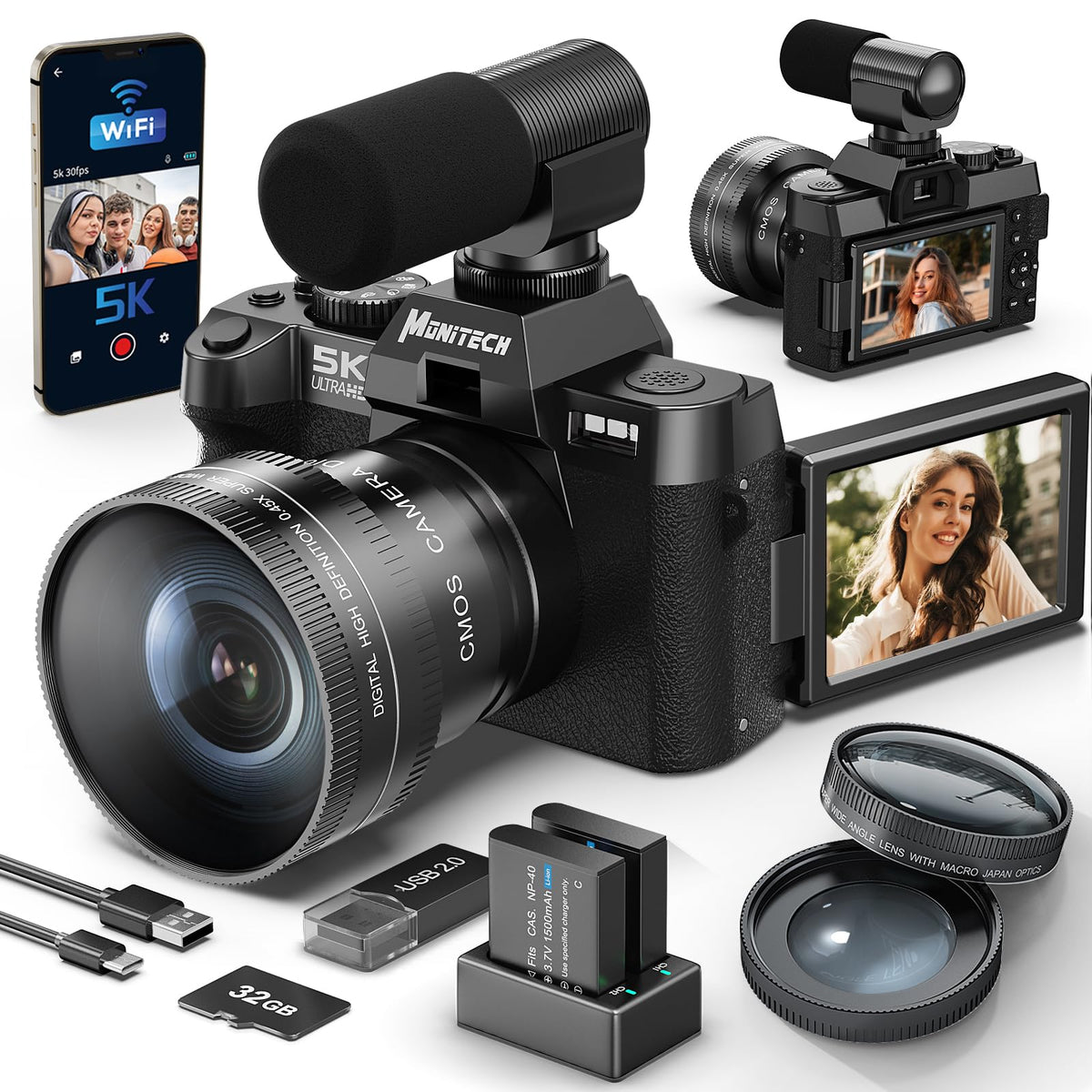 Monitech 5K Digital Compact Camera for Photography and Video48MP Vlogging Camera for YouTube with 180° Flip Screen16X Digital Zoom52mm Wide Angle & Macro Lens 2 Batteries 32GB TF Card(Black)