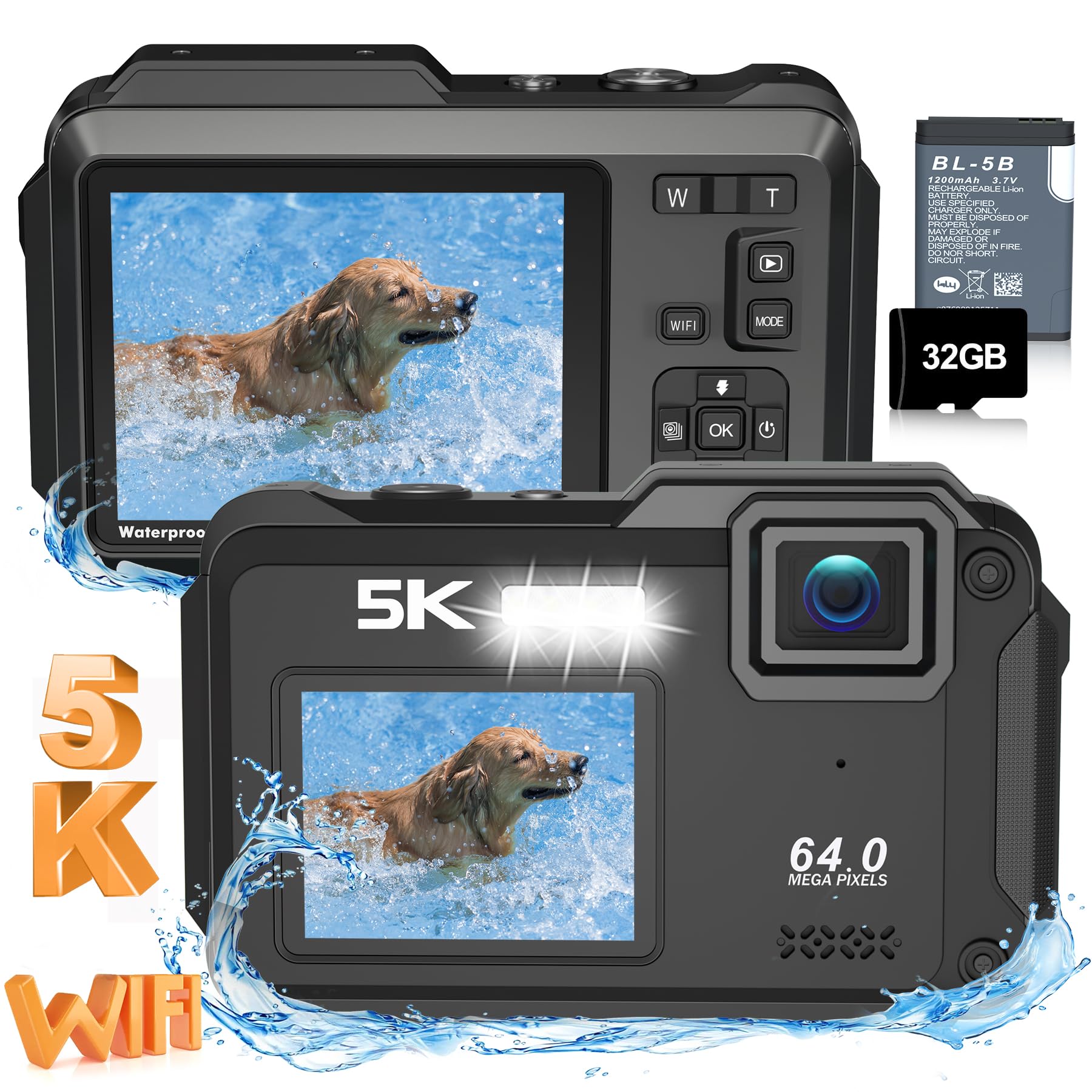 Underwater Camera 5K 64MP 16FT Waterproof Digital Camera with WiFi Connection 16X Digital Zoom IPS Dual-Screen(2.8"/2") Selfie Waterproof Camera for Snorkeling with 32GB Card Black
