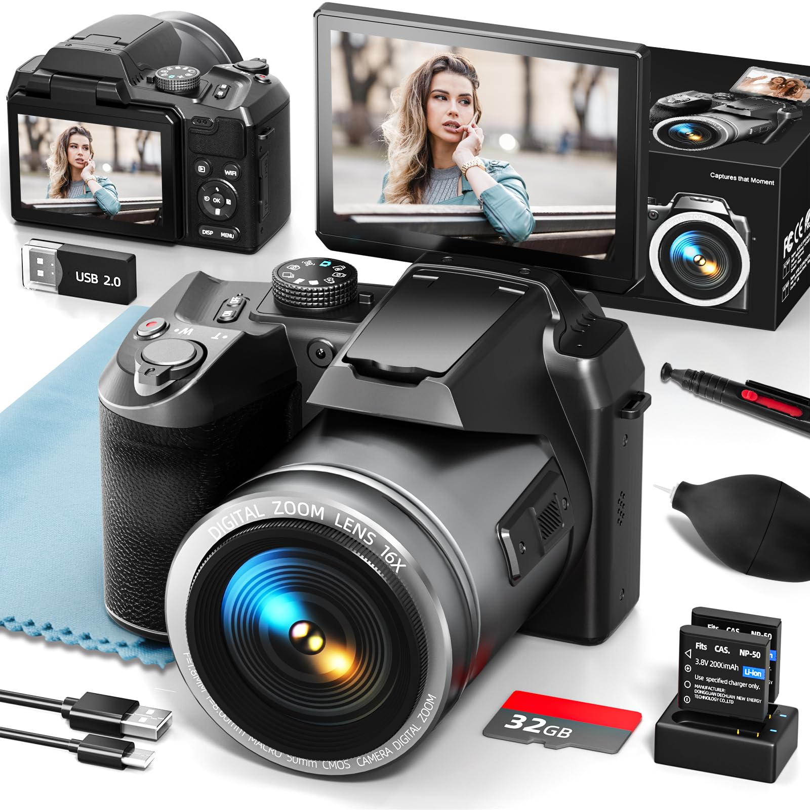 64MP 5K Digital Camera for Photography Vlogging Cameras for YouTube with 3” Flip Screen16X Digital Zoom WiFi& Autofocus2 Batteries 32GB TF Card(S200Black)