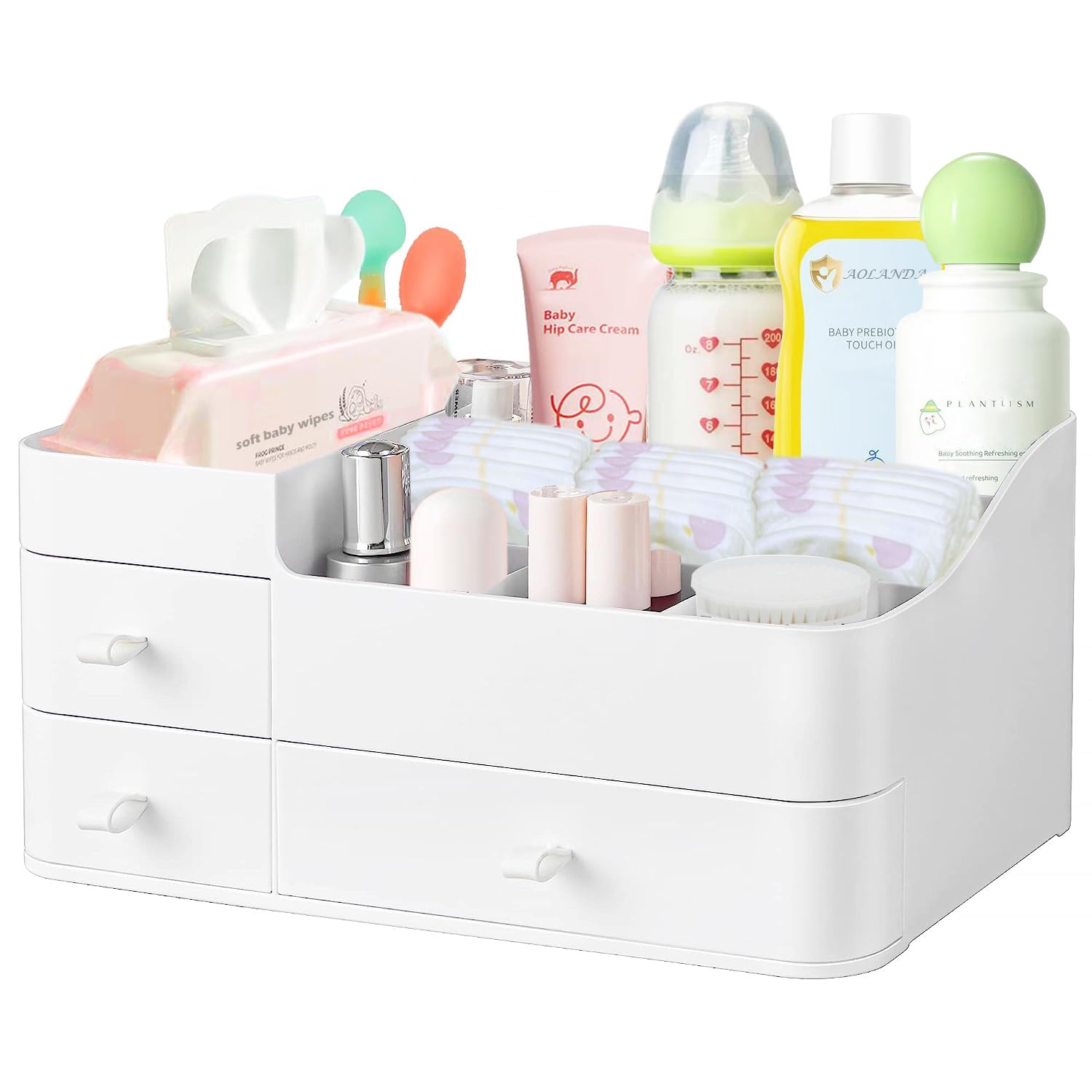 KIKJOK Diaper Organizer Makeup Storage Organizer Desk Organizer Nursery Storage Bin 11 Storage Compartments with 3 Drawers Ivory White