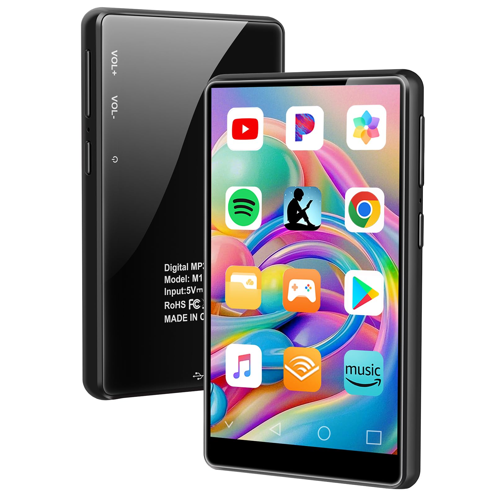 MP3 Player with Bluetooth and WiFi 3GB RAM 32GB ROM Up to 512 GB 4" Touch Screen Parental Control GMS Android MP4 Player Compatible with Spotify Audible Music FM E-Book Educational Games