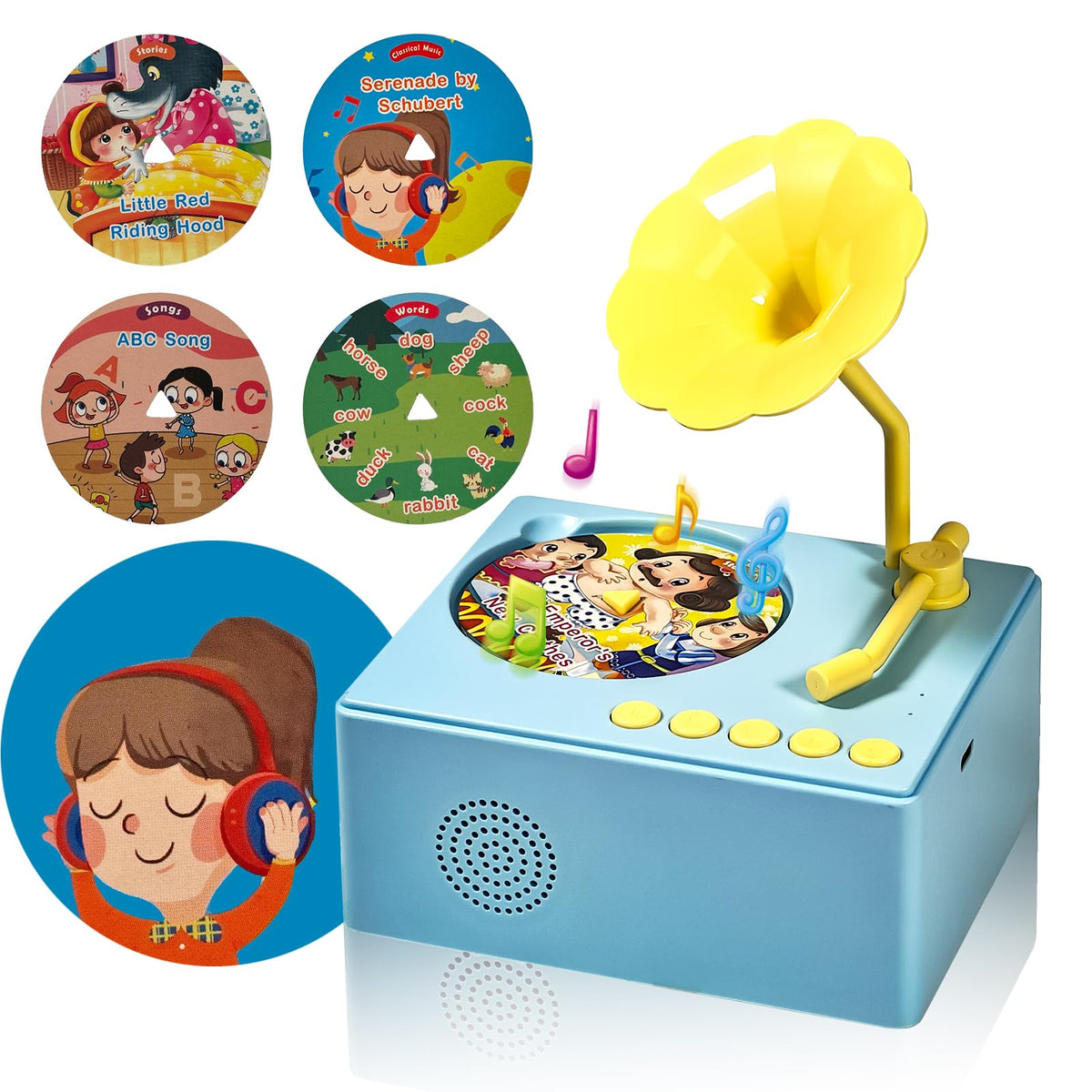 Kids Gramophone with 96 Learning Cards Toddler Gramophone Music Toy Kids Phonograph Toddler Record Player Kids Gramophone Childrens Phonograph Story Music Player Gift Boys Girls (Blue)